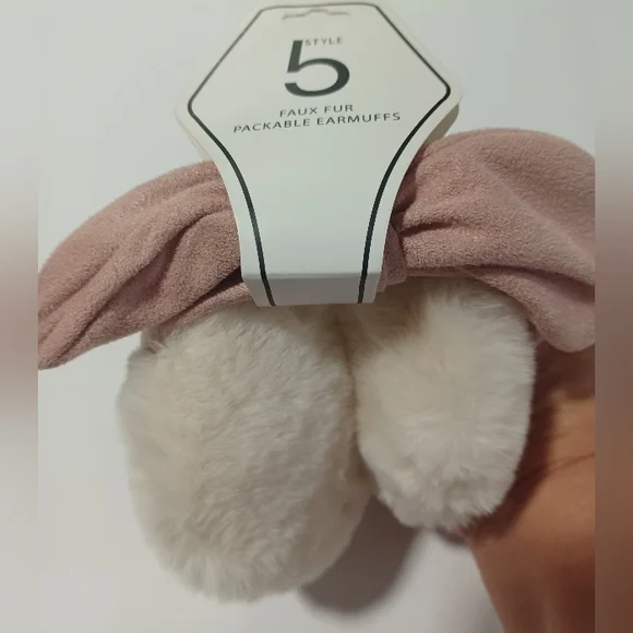 Faux Fur Packable Earmuffs - Pink and White - Picture 1 of 2